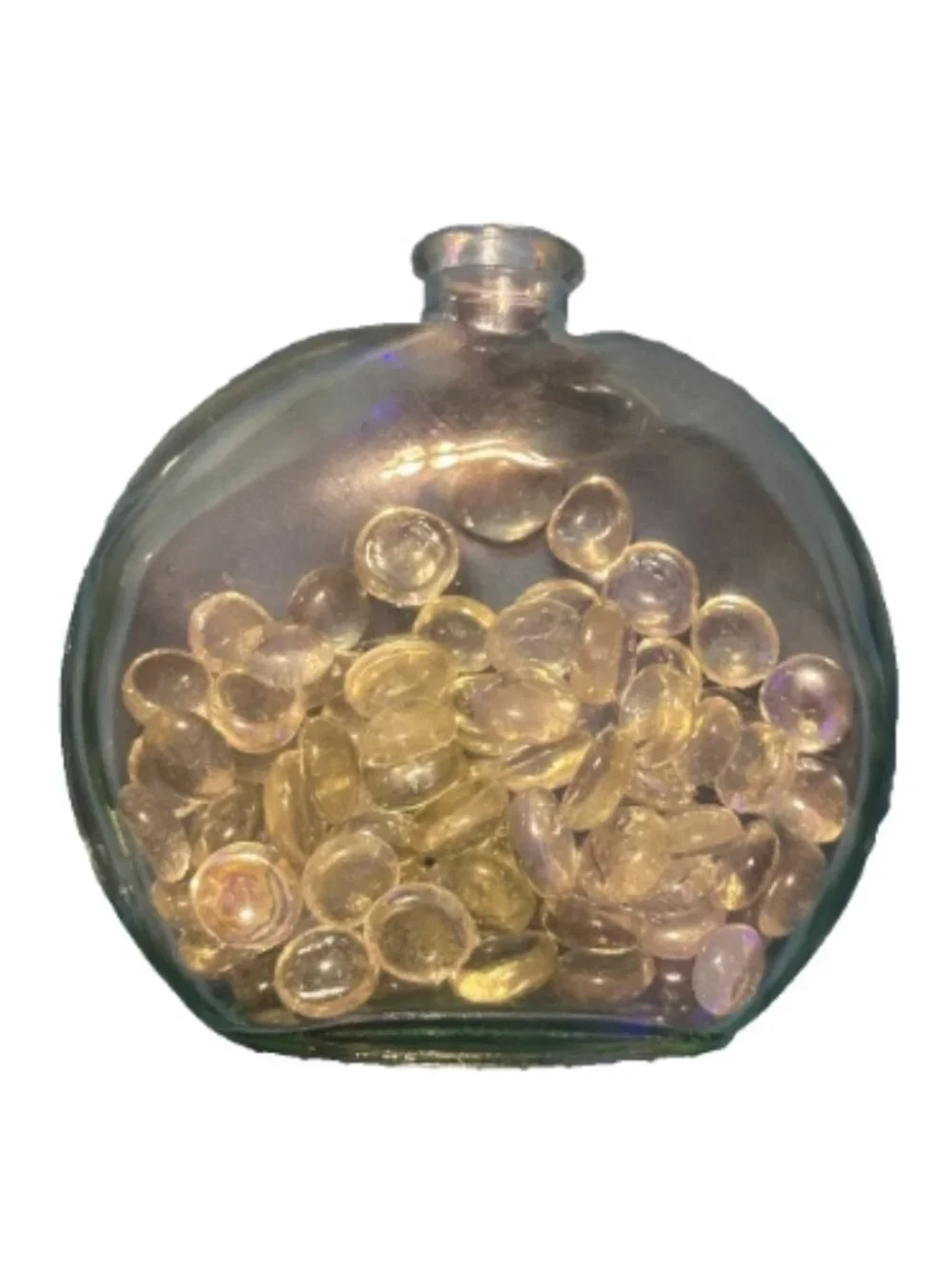 Iridescent Glass Flask Vessel Bottle with Clear Flat Glass Gems Marbles Accent